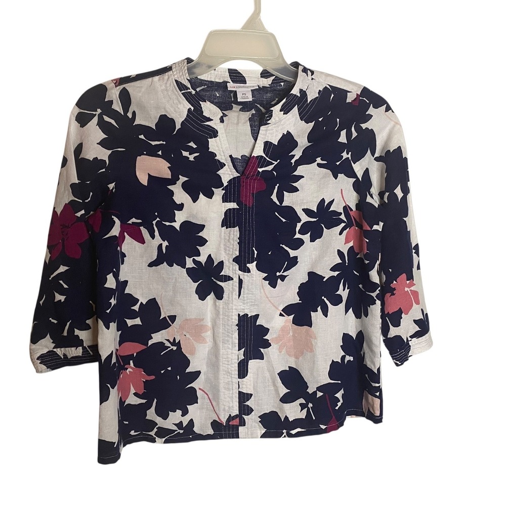 Liz Claiborne Womens PS Petite Small Linen Cotton Floral Blouse 3/4 Sleeve Navy